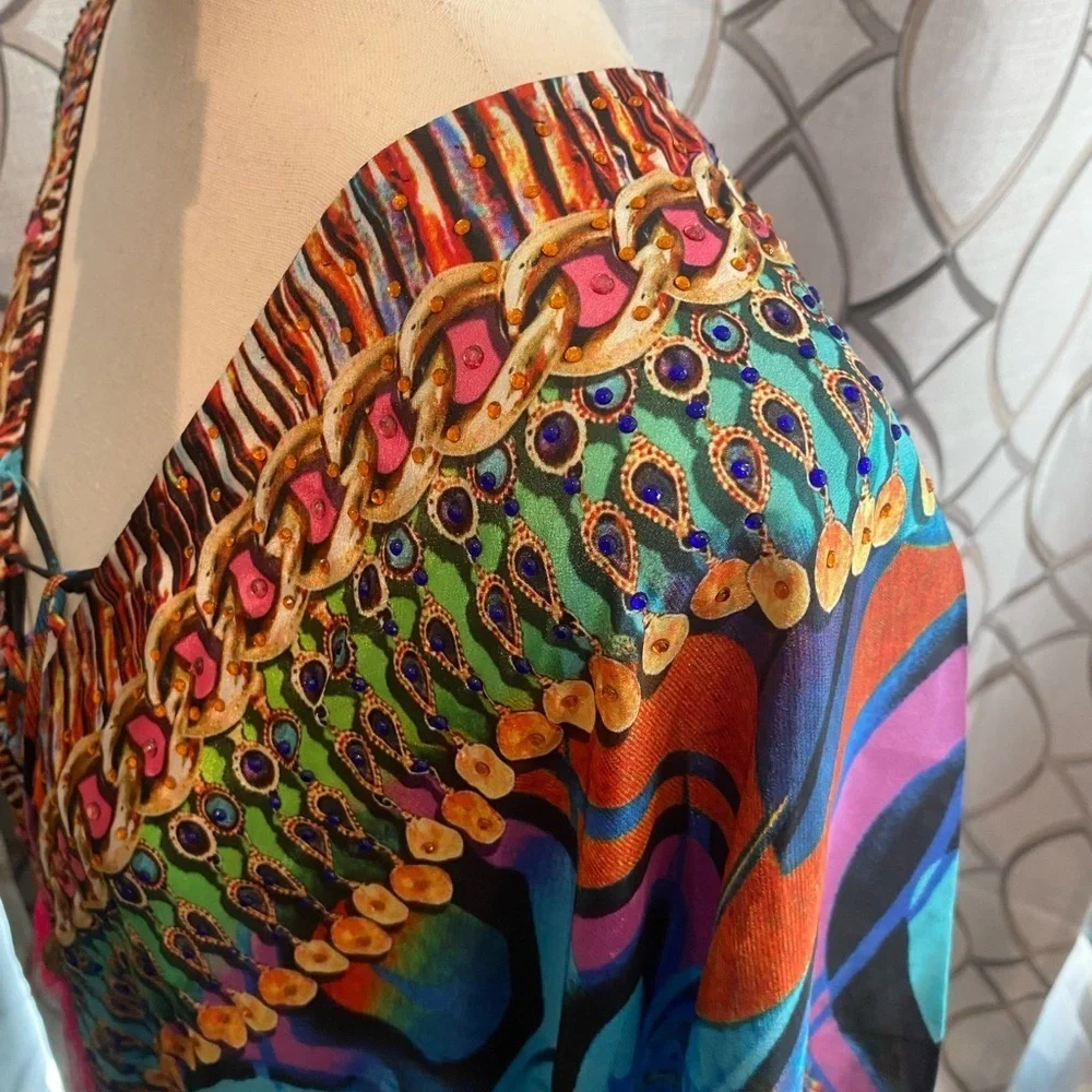 NWT True Colours by La Moda Fringe Peacock Caftan Top- One Size - Picture 5 of 10